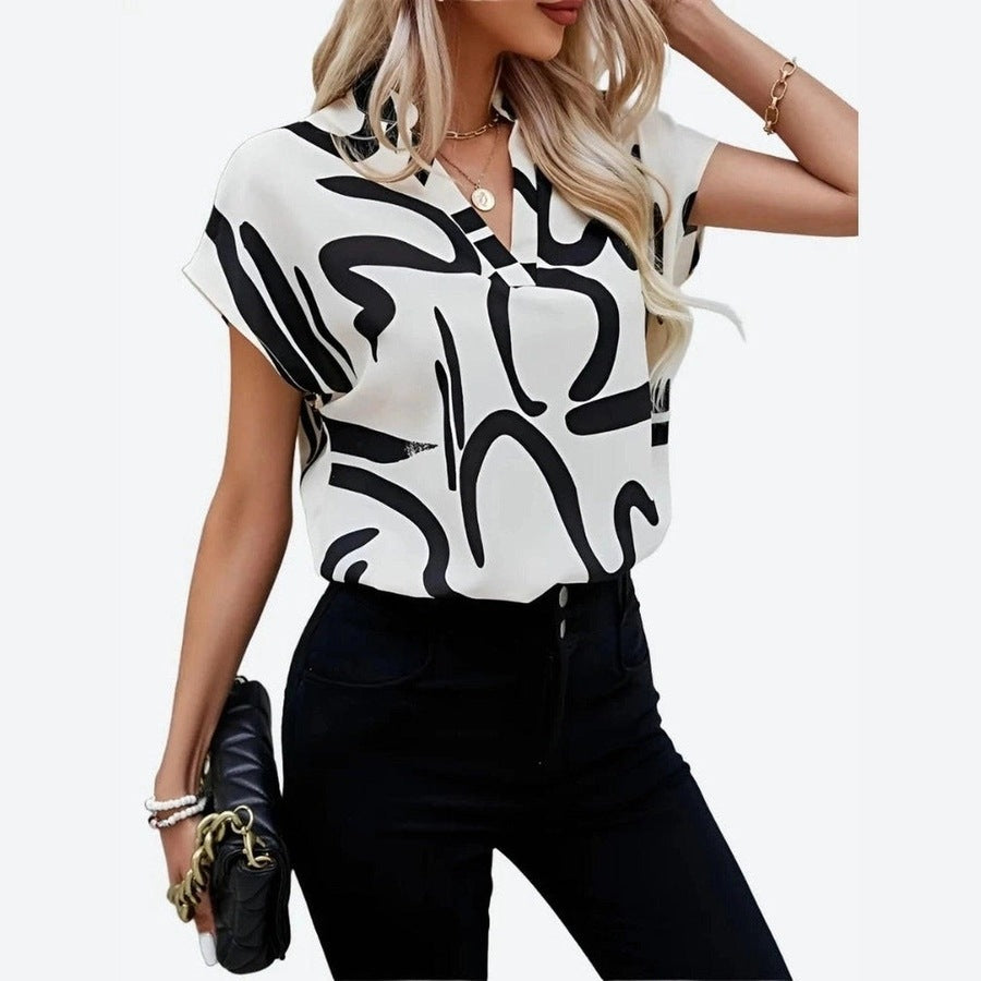 Abstract Print V-Neck Short Sleeve Blouses