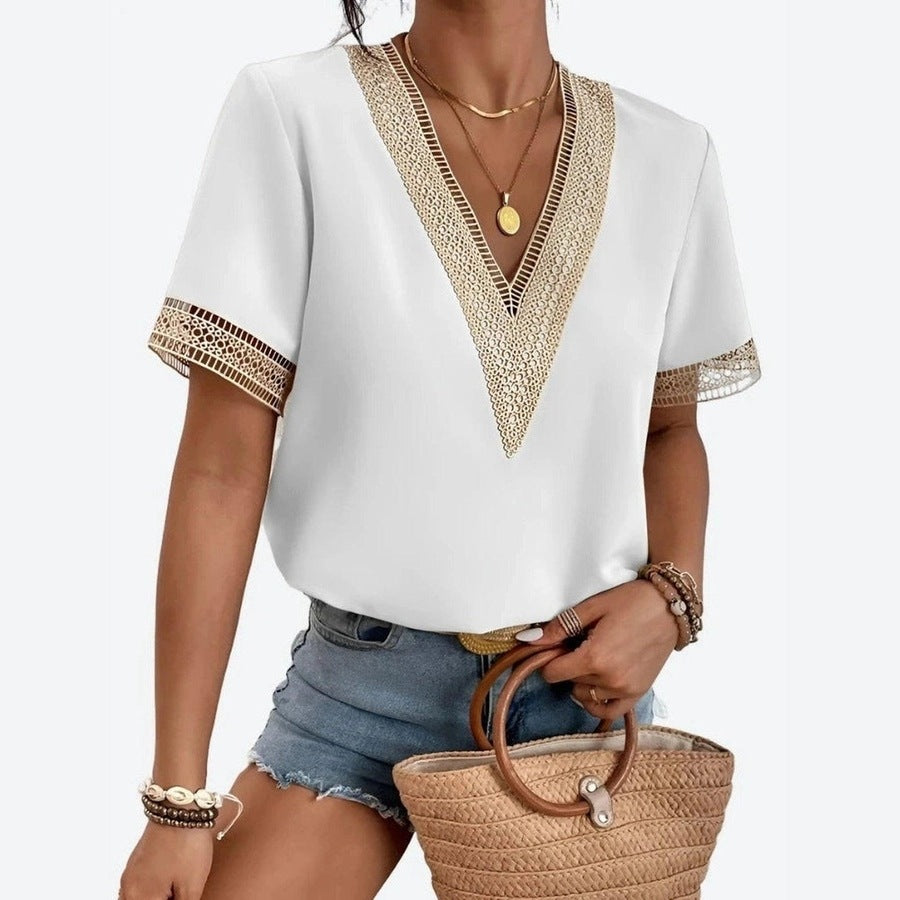 Boho V-Neck Lace Trim Blouses