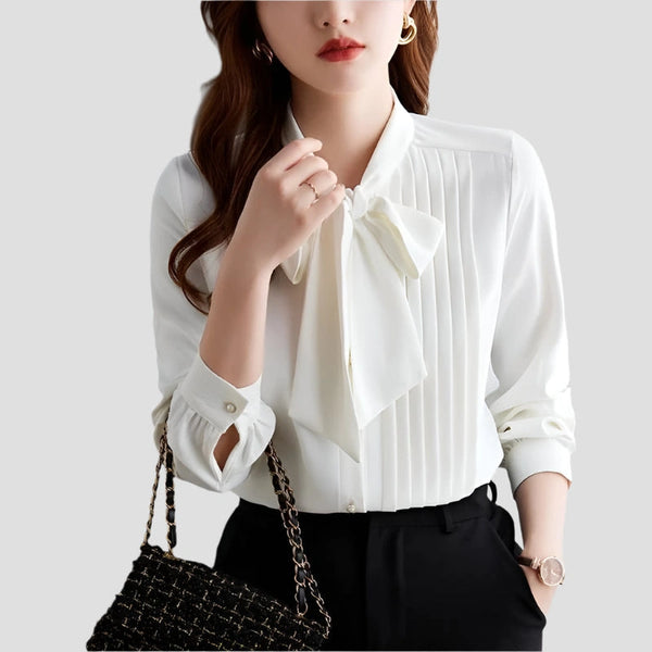 Bow Tie Pleated Chiffon Blouses