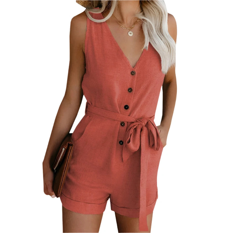 Button Front Tie-Waist Rompers