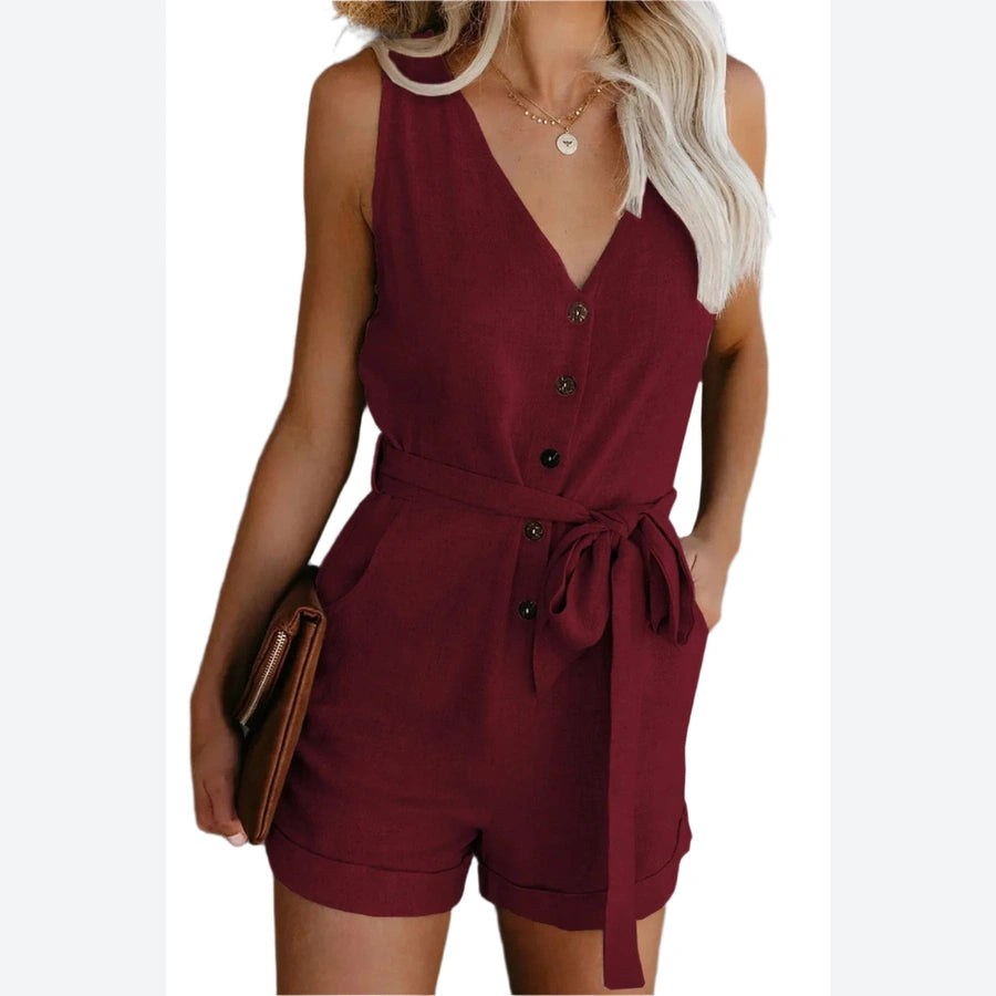 Button Front Tie-Waist Rompers