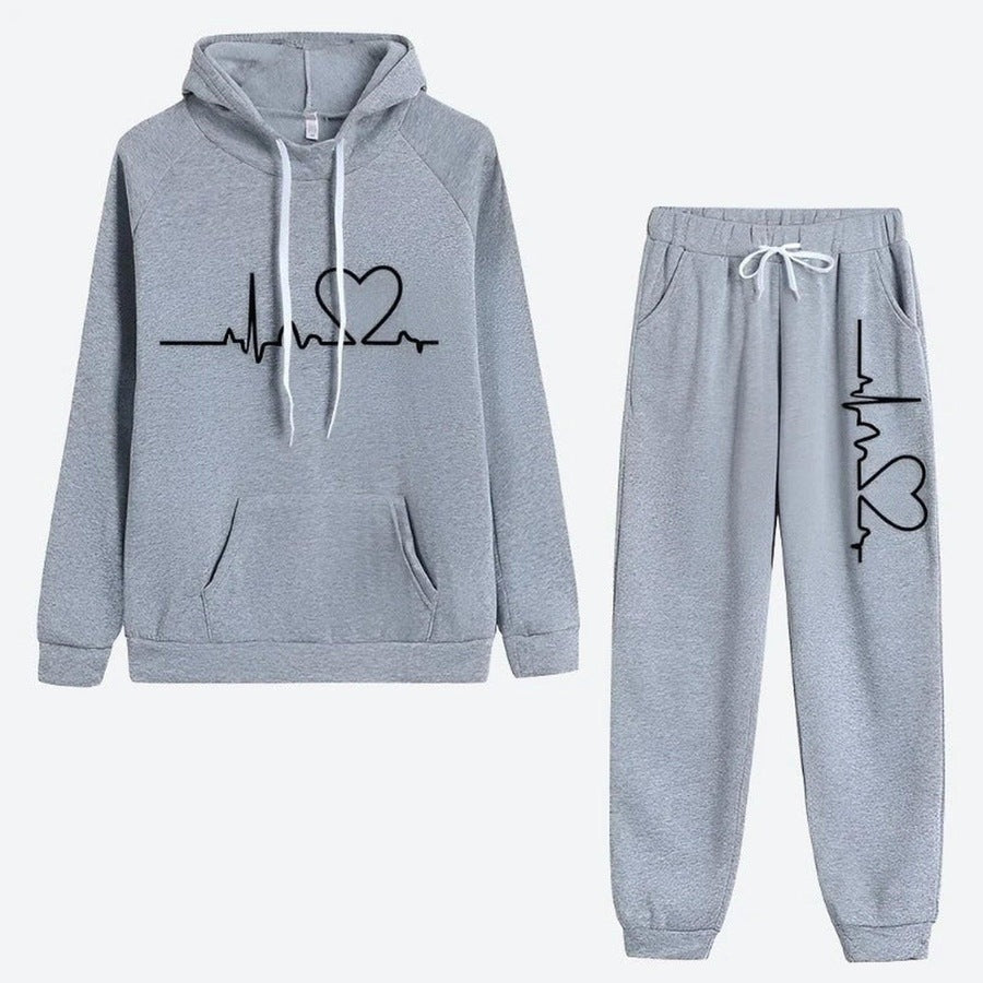 Casual Heartbeat Print Tracksuit Set