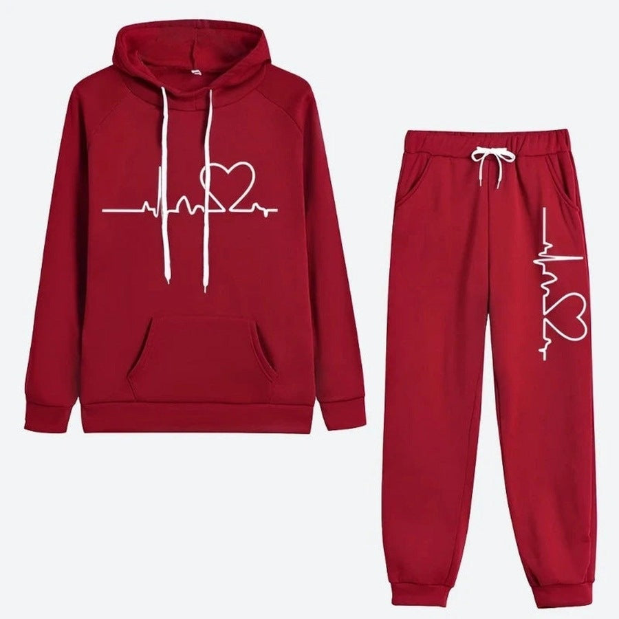 Casual Heartbeat Print Tracksuit Set