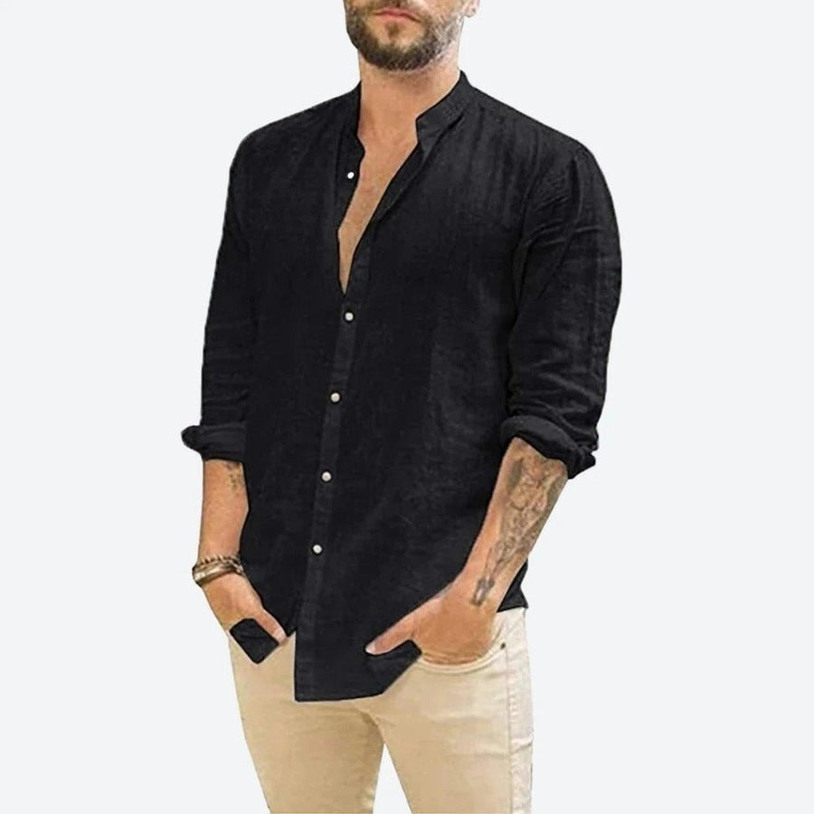 Casual Long-Sleeve Linen Henley Shirt