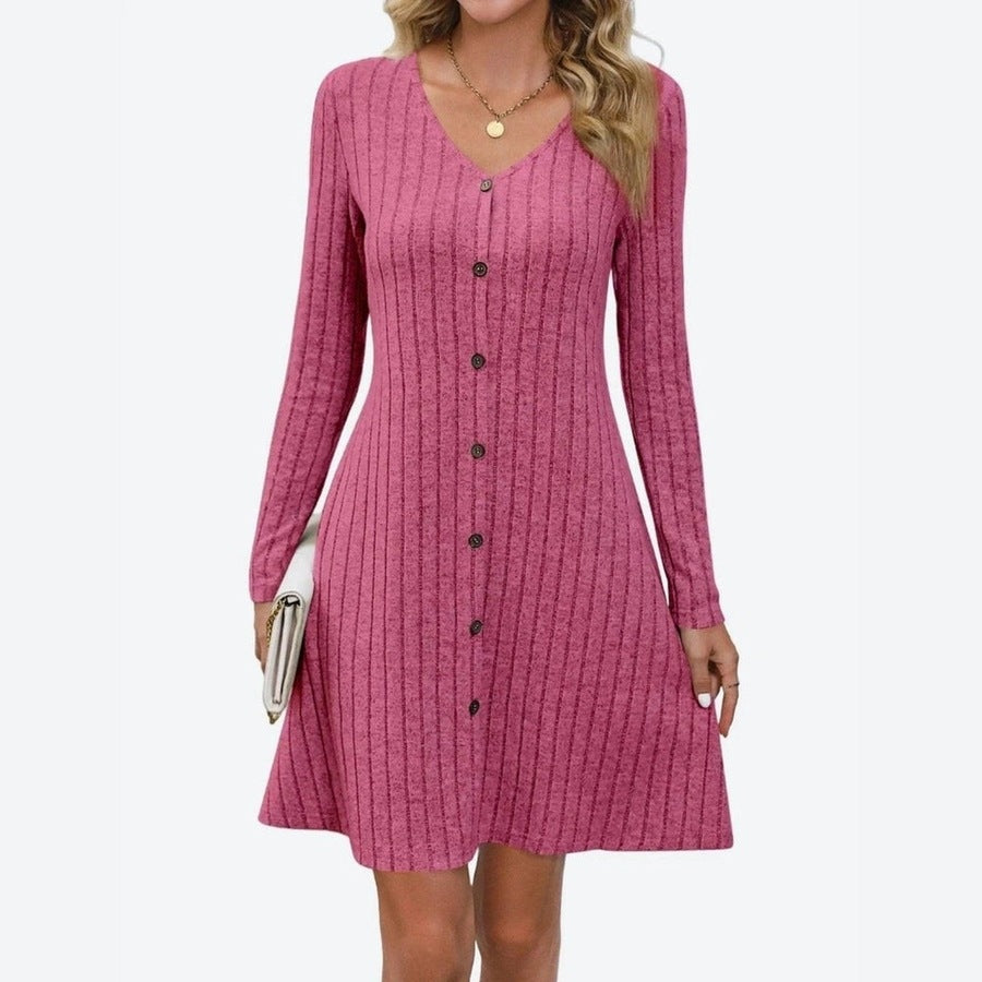 Casual Ribbed Button-Front Dresses