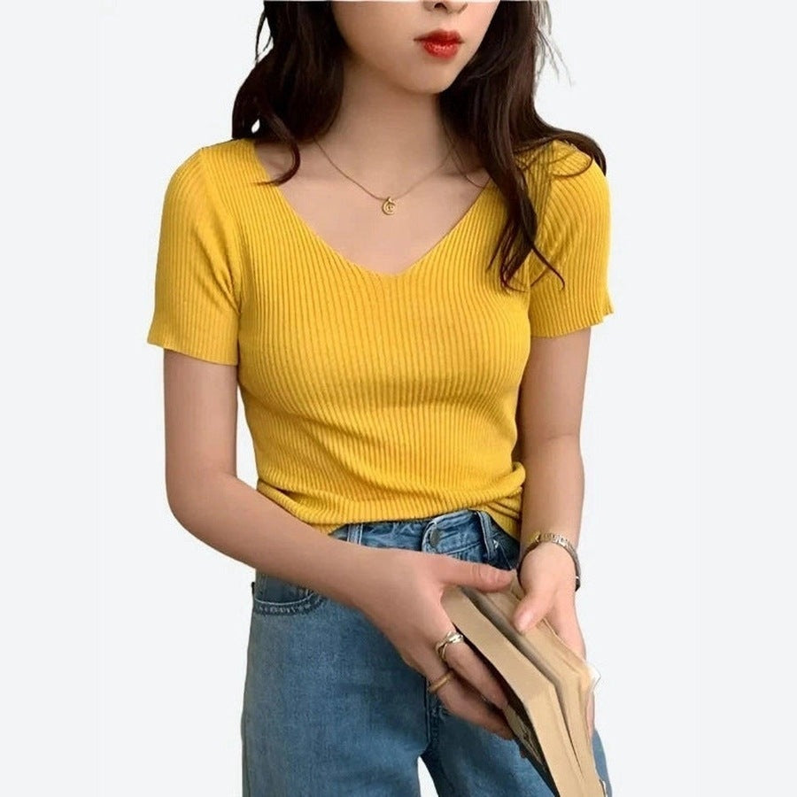 Casual V-Neck Short-Sleeve Knit Tops