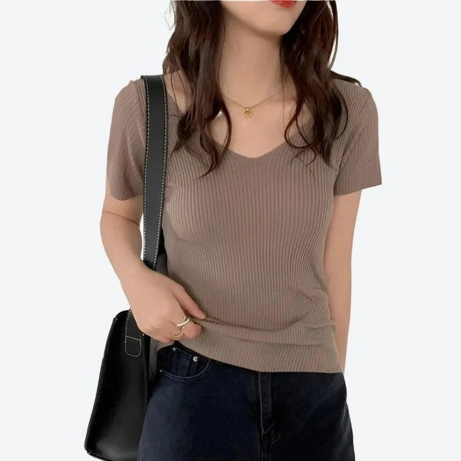 Casual V-Neck Short-Sleeve Knit Tops