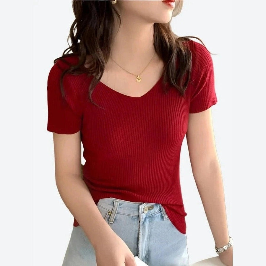 Casual V-Neck Short-Sleeve Knit Tops