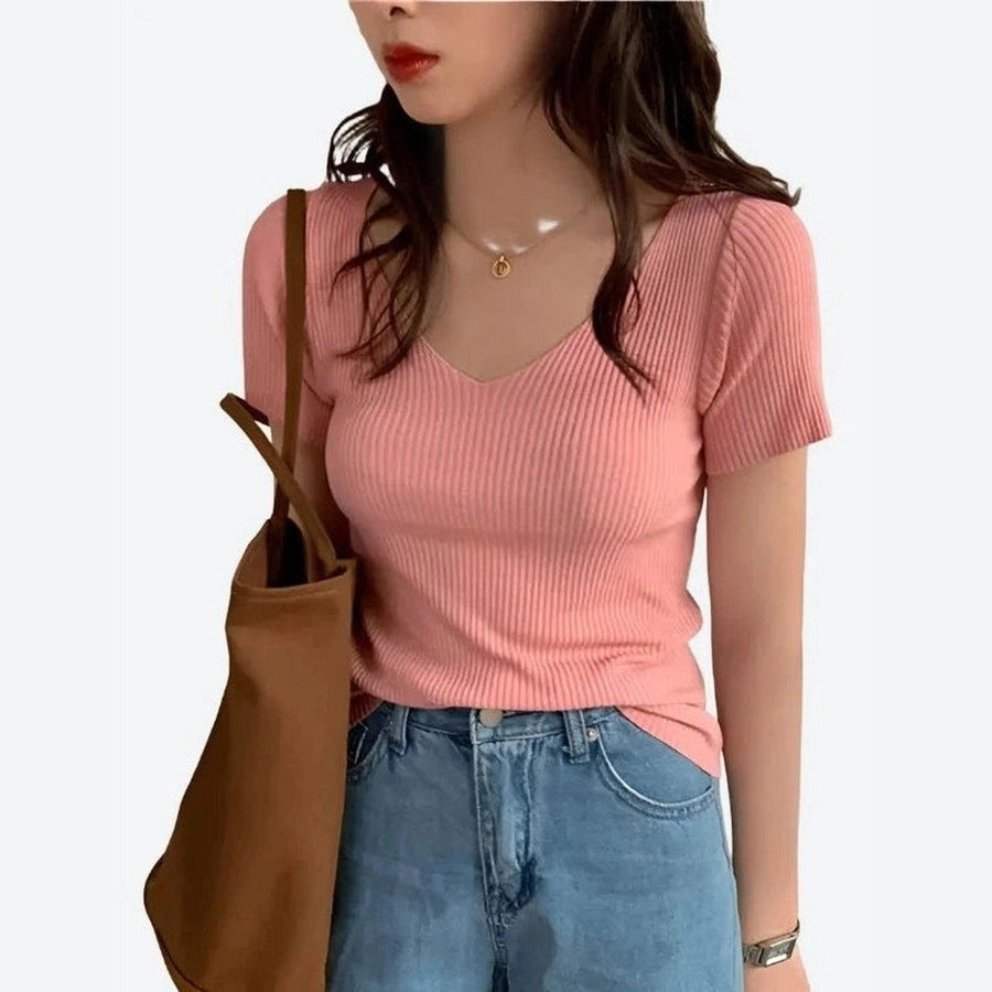 Casual V-Neck Short-Sleeve Knit Tops