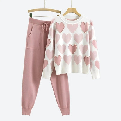 Charming Heart Pattern Sweater Set