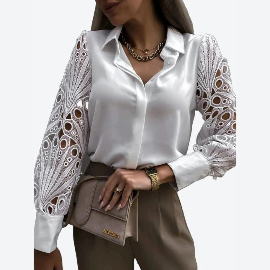 Chic Lace Sleeve Button-Down Blouses