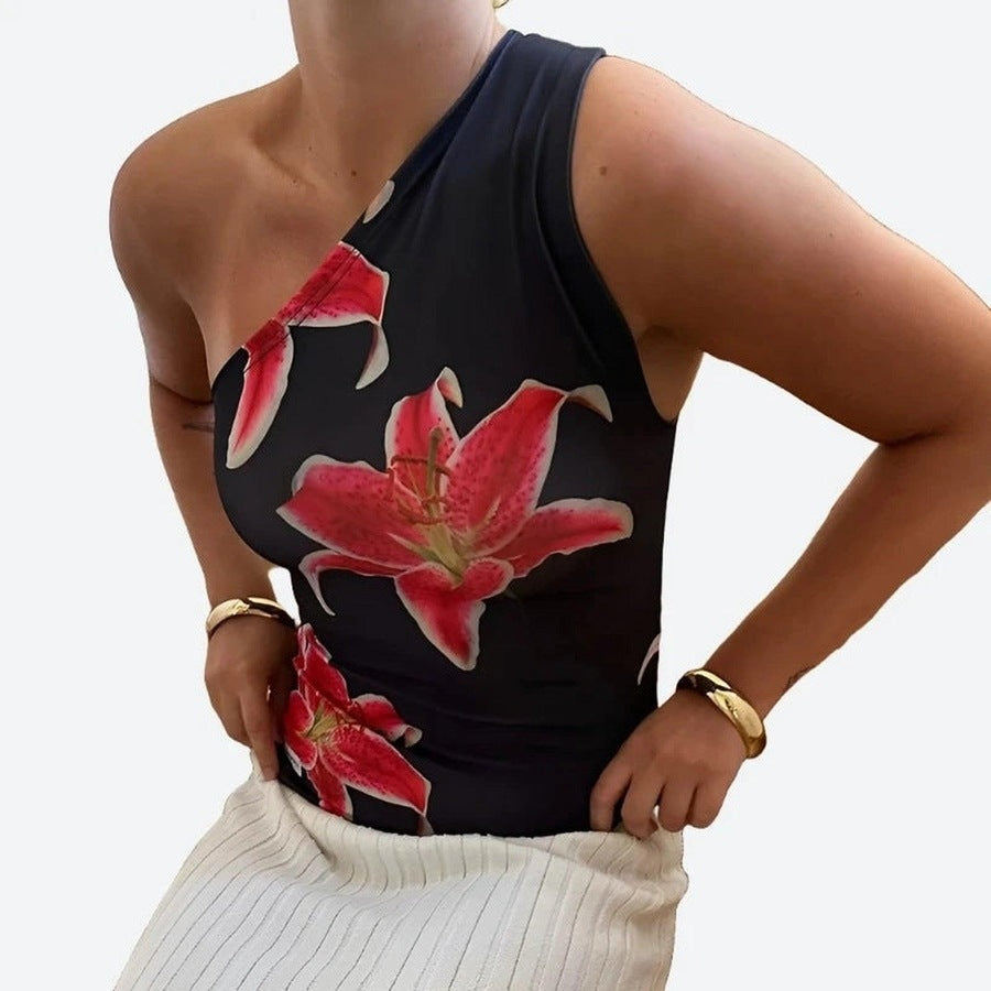 Chic One-Shoulder Floral Print Tops