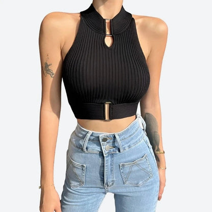 Chic Ribbed Cutout Halter Tops