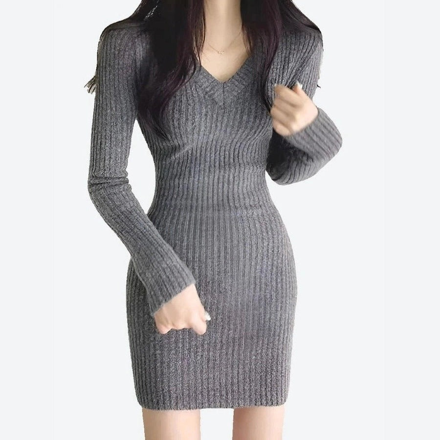 Chic Ribbed Knit V-Neck Slim Fit Dresses