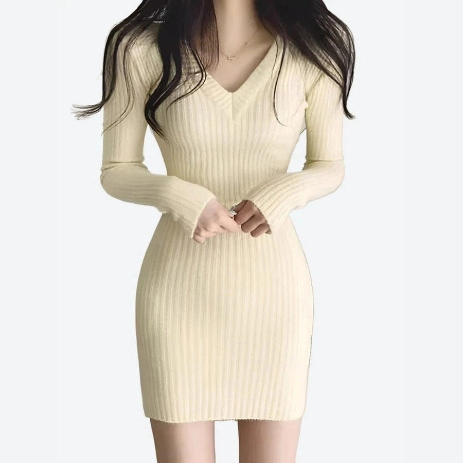 Chic Ribbed Knit V-Neck Slim Fit Dresses