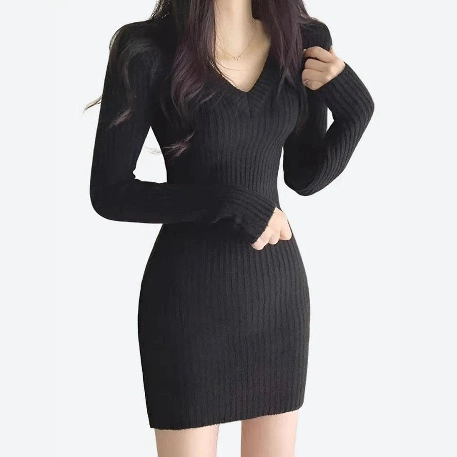 Chic Ribbed Knit V-Neck Slim Fit Dresses