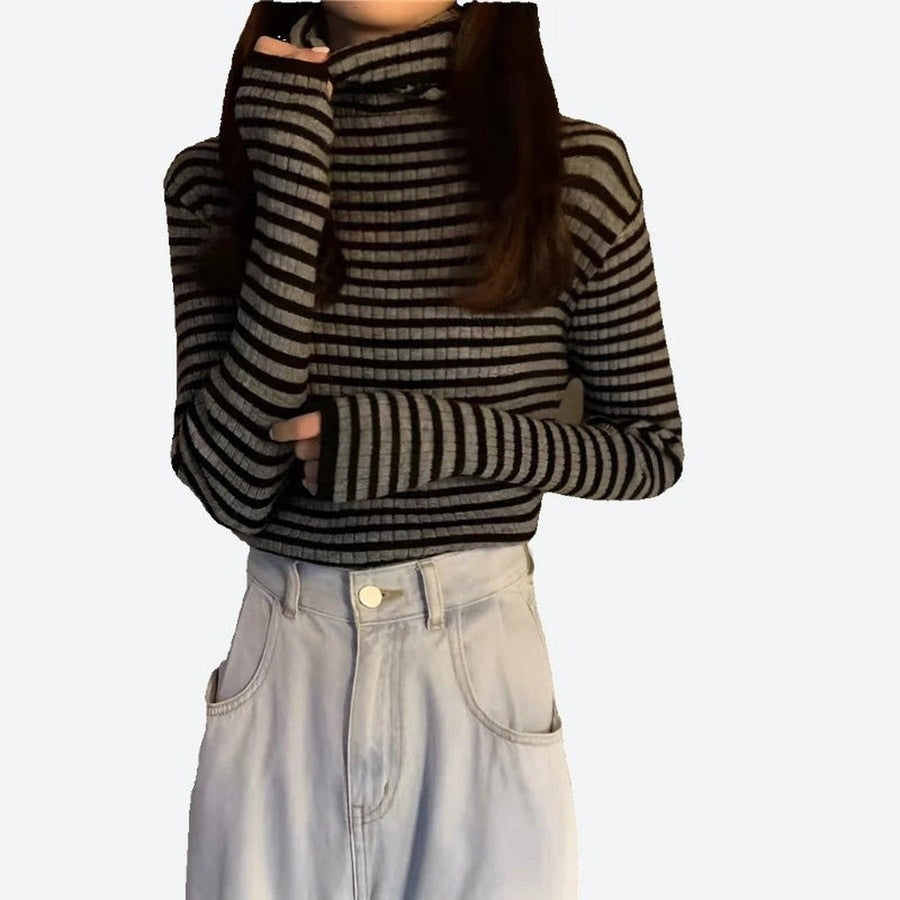 Chic Striped Turtleneck Long-Sleeve Tops