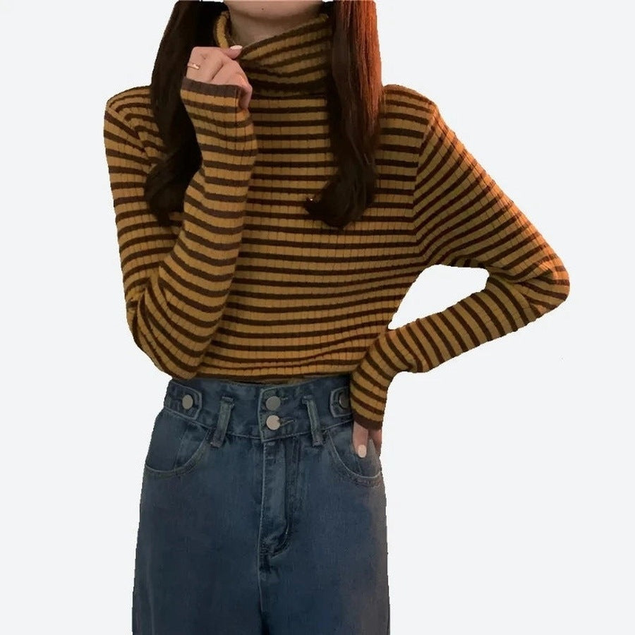 Chic Striped Turtleneck Long-Sleeve Tops