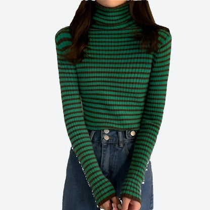 Chic Striped Turtleneck Long-Sleeve Tops