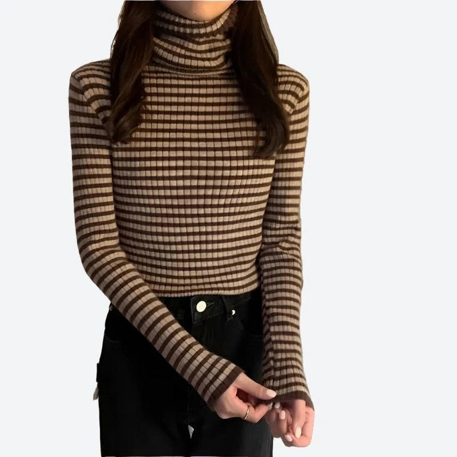 Chic Striped Turtleneck Long-Sleeve Tops