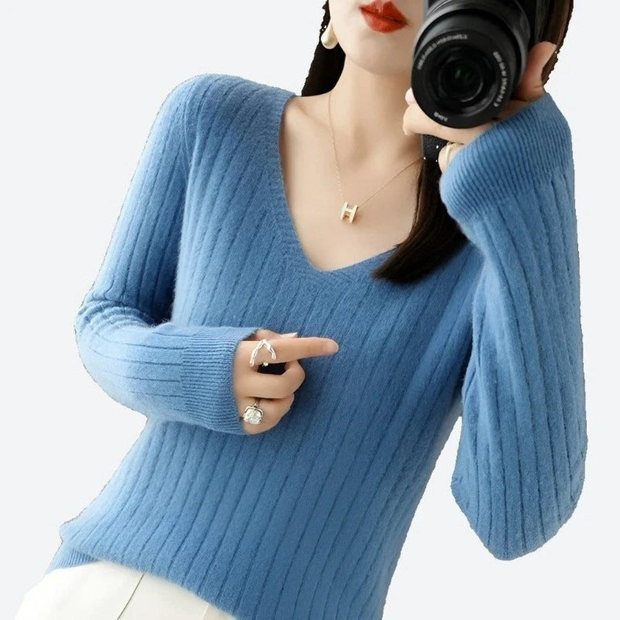 Chic V-Neck Ribbed Sweater Tops