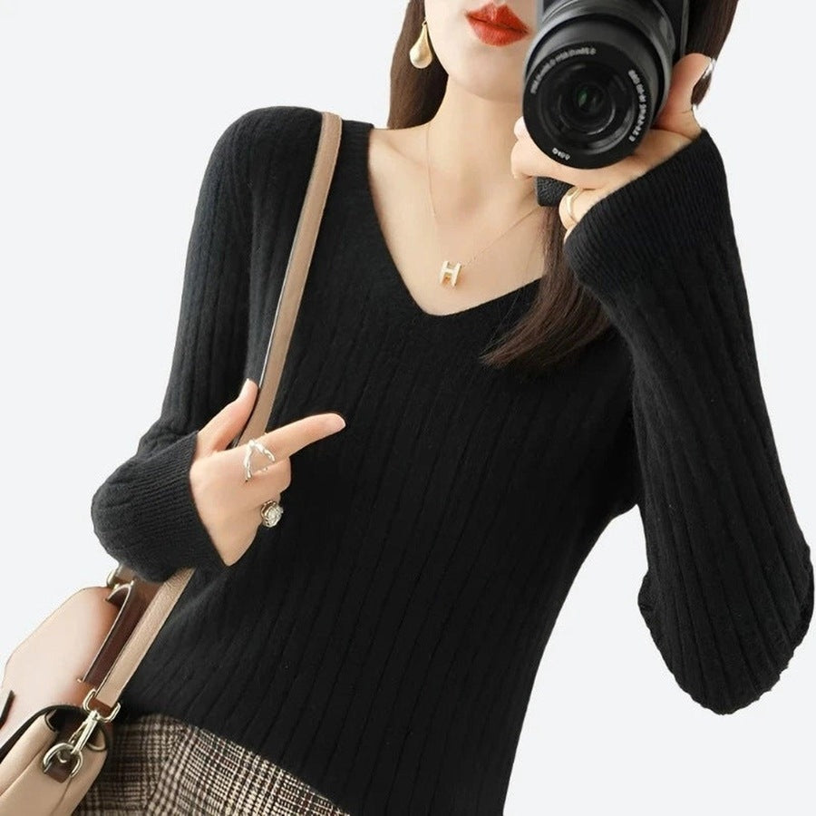 Chic V-Neck Ribbed Sweater Tops