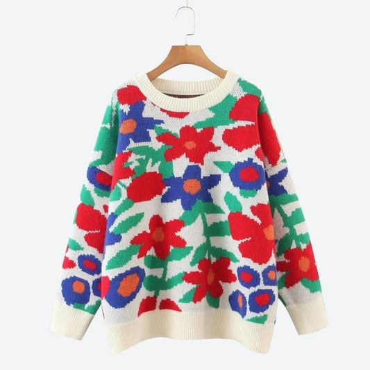 Colorful Floral Knit Relaxed Fit Sweaters