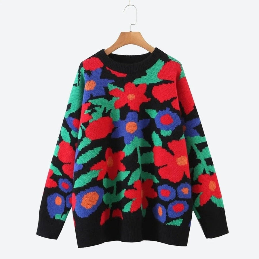 Colorful Floral Knit Relaxed Fit Sweaters