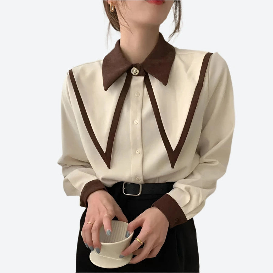 Contrast-Collar Buttoned Long-Sleeve Blouses