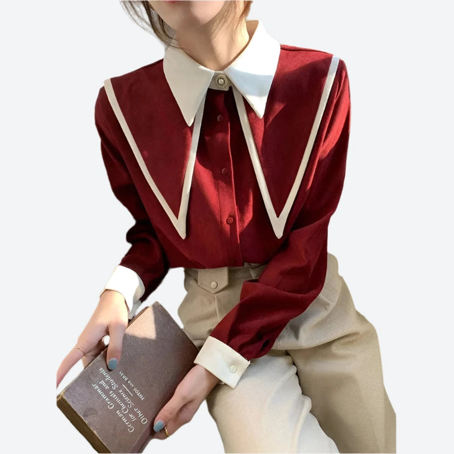 Contrast-Collar Buttoned Long-Sleeve Blouses