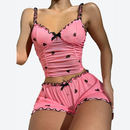 Cute Heart Print Slim Fit Pajama Set