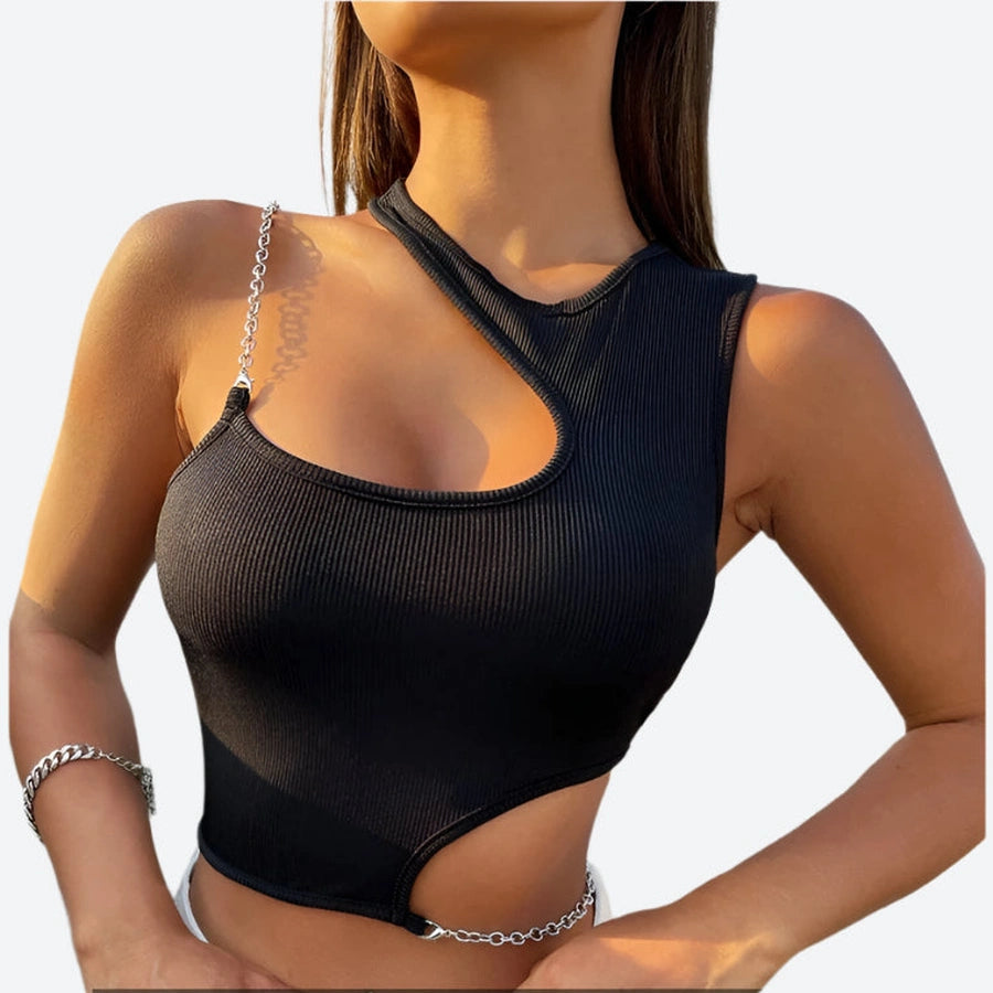 Cutout Ribbed Asymmetric Chain Tops