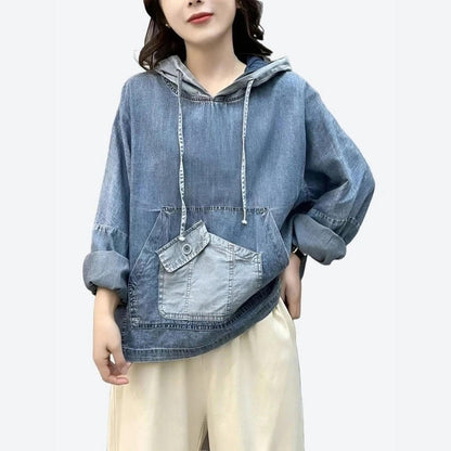 Denim Hooded Pullover with Pocket Details