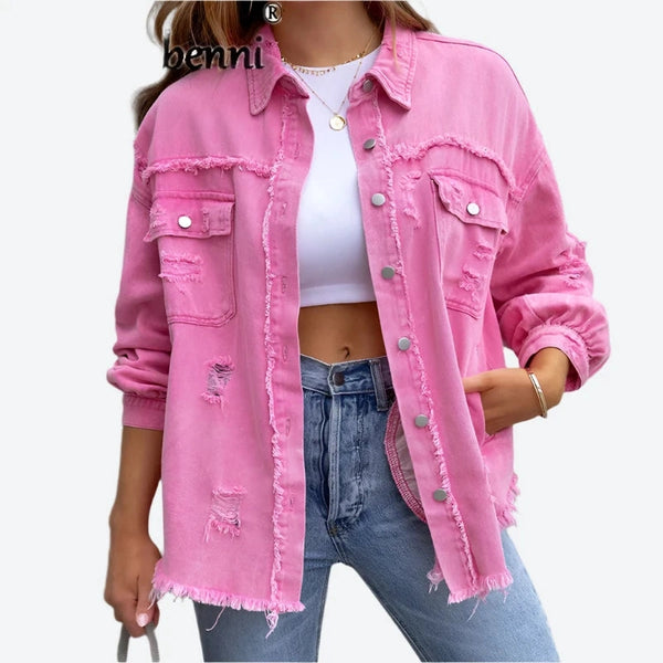 Distressed Button-Up Frayed Denim Jackets