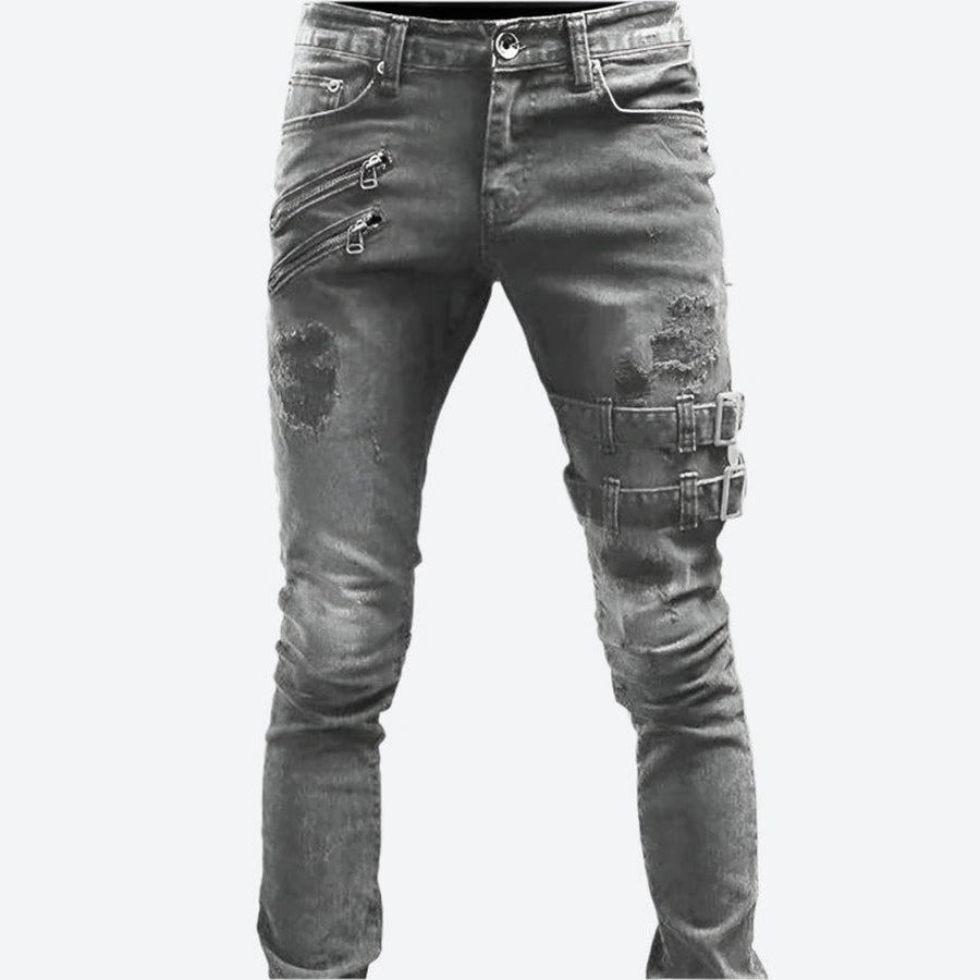 Distressed Zipper Strap Skinny Jeans