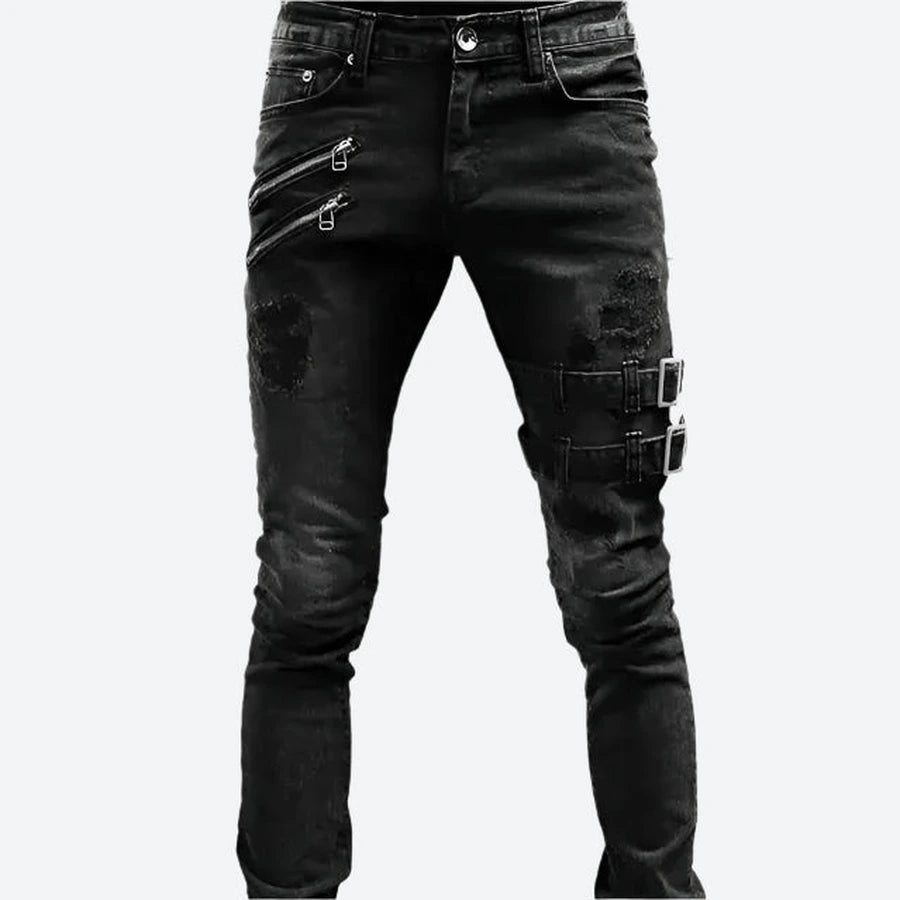 Distressed Zipper Strap Skinny Jeans