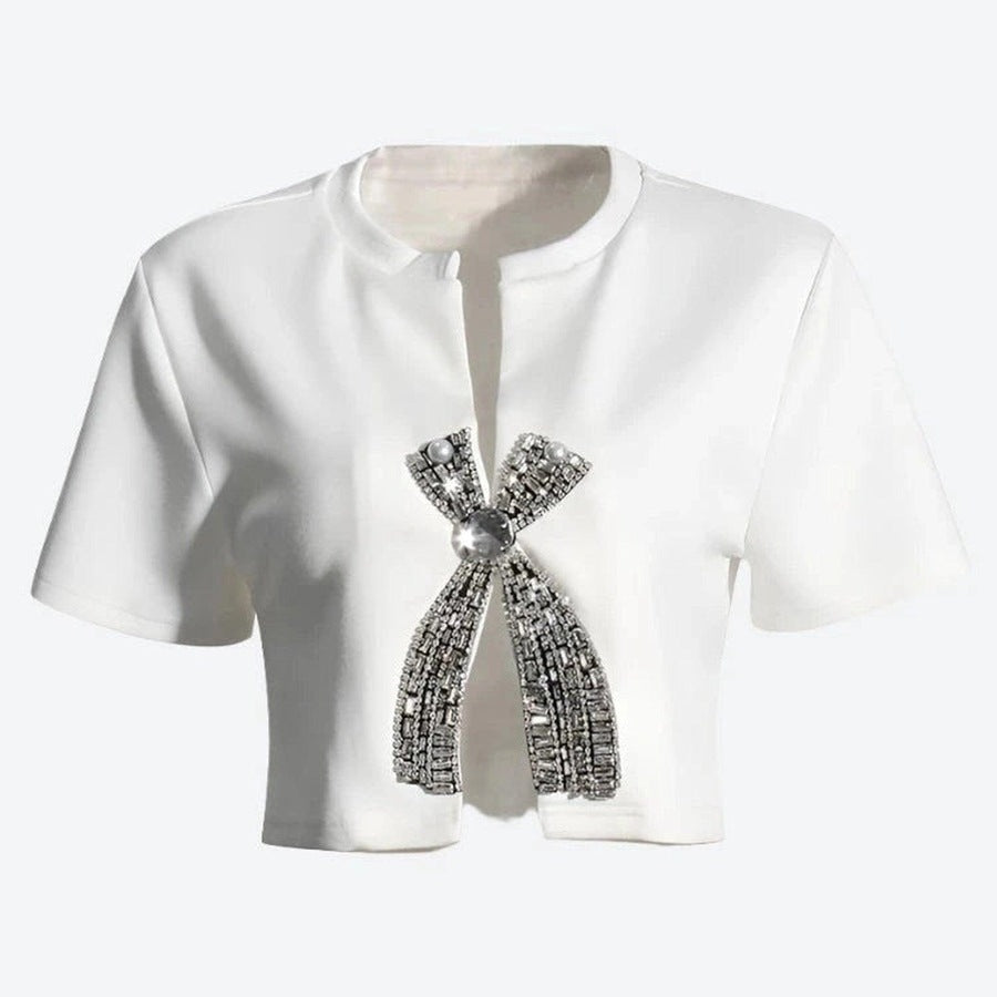 Elegant Bejeweled Bow Cropped Tops