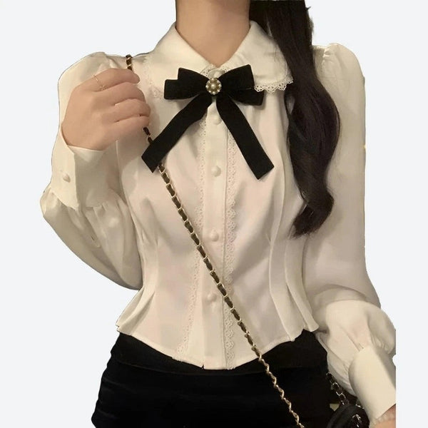 Elegant Bow-Tie Lace Blouse Tops