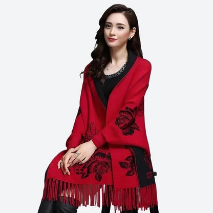 Elegant Floral Fringe Trim Ponchos