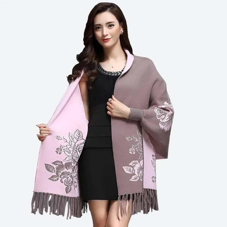 Elegant Floral Fringe Trim Ponchos