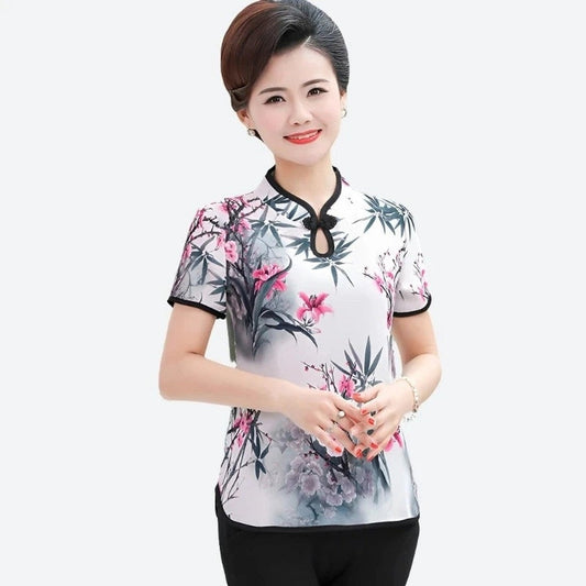 Elegant Floral Print Mandarin Blouses