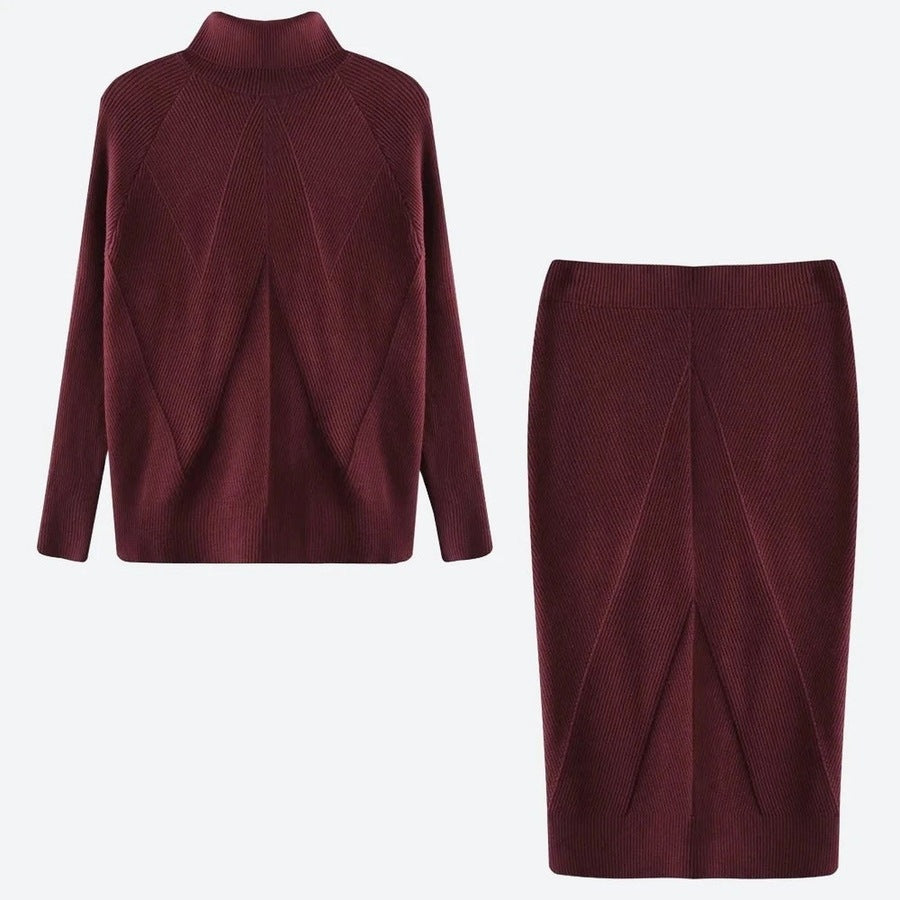 Elegant Knit Turtleneck Top Skirt Set