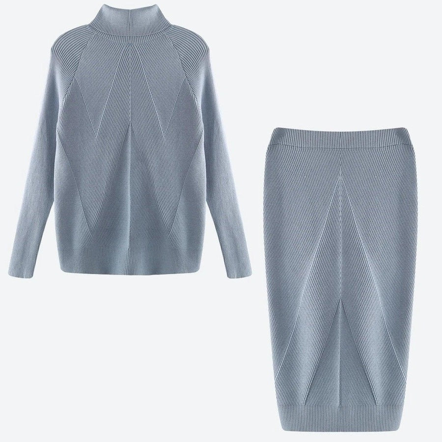 Elegant Knit Turtleneck Top Skirt Set