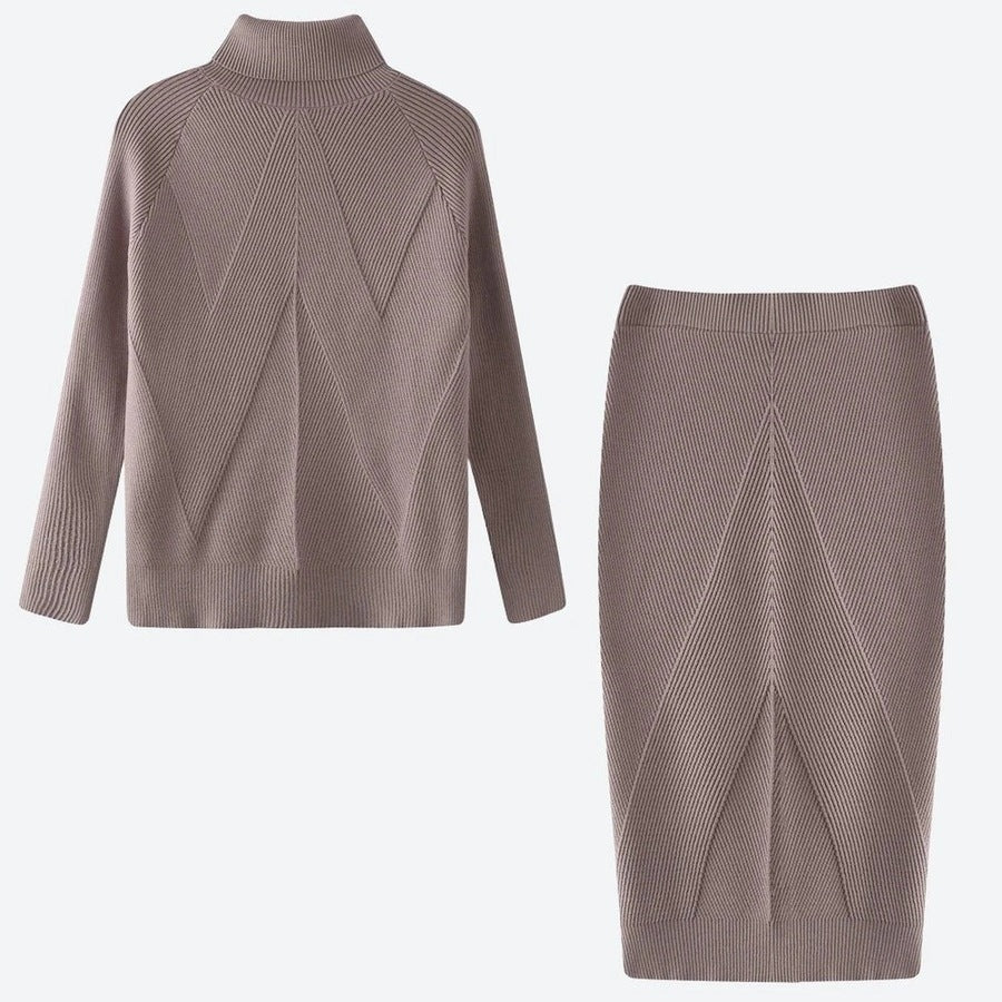 Elegant Knit Turtleneck Top Skirt Set