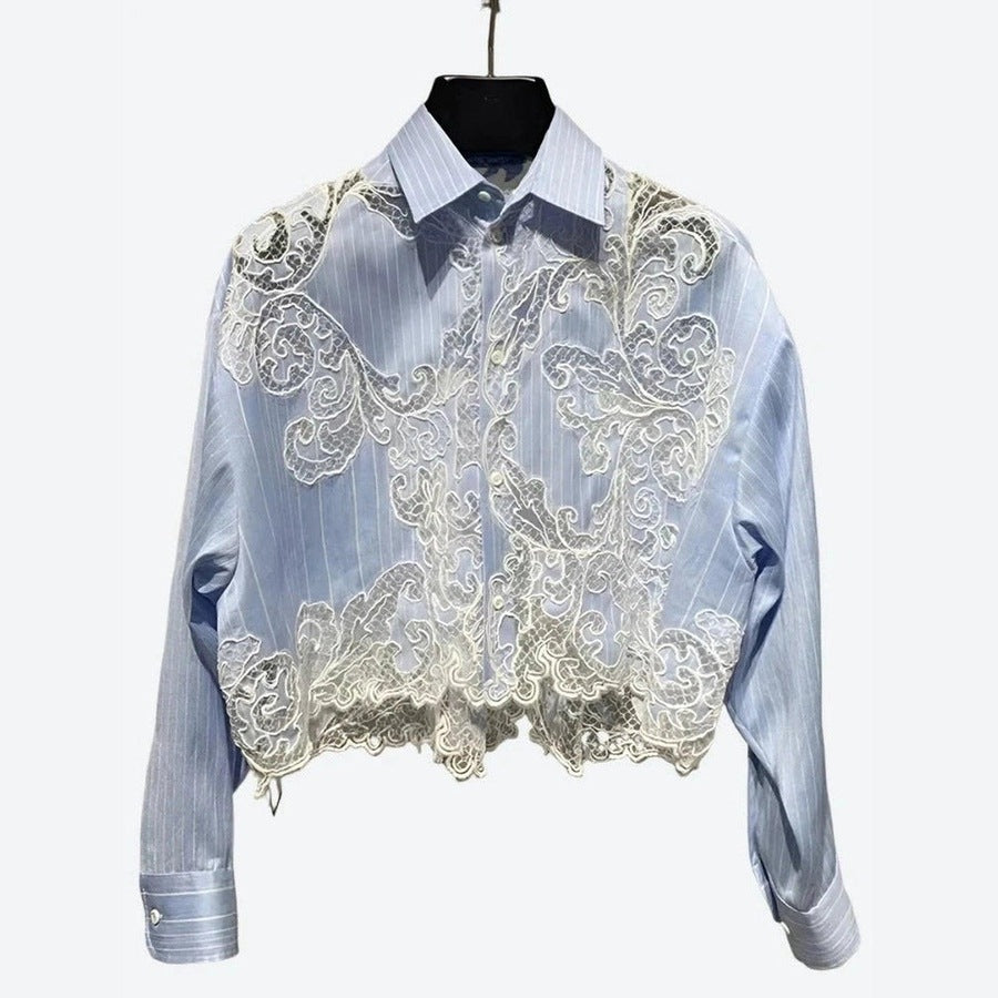 Elegant Lace Overlay Button-Down Blouses