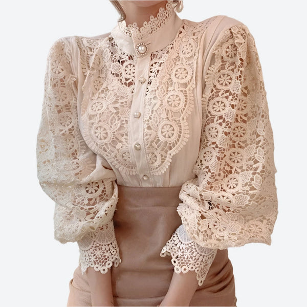 Elegant Lace Pearl Button Blouses