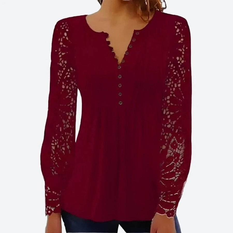 Elegant Lace Sleeve Button Blouses