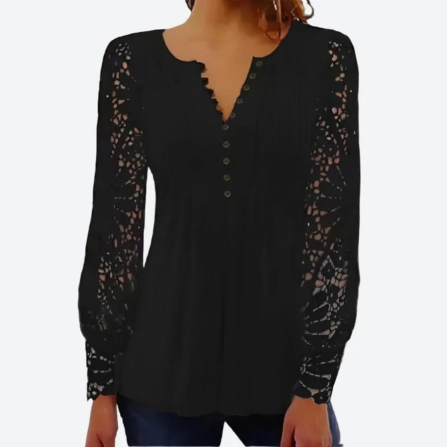 Elegant Lace Sleeve Button Blouses