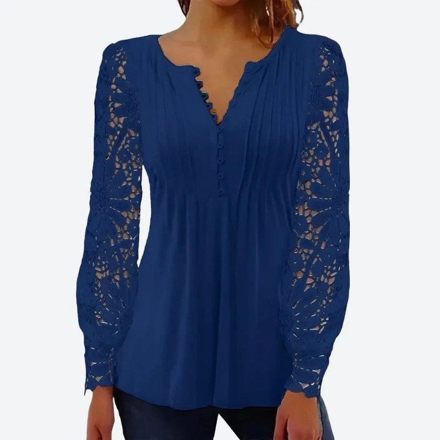 Elegant Lace Sleeve Button Blouses