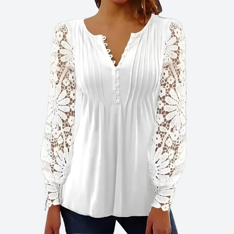 Elegant Lace Sleeve Button Blouses